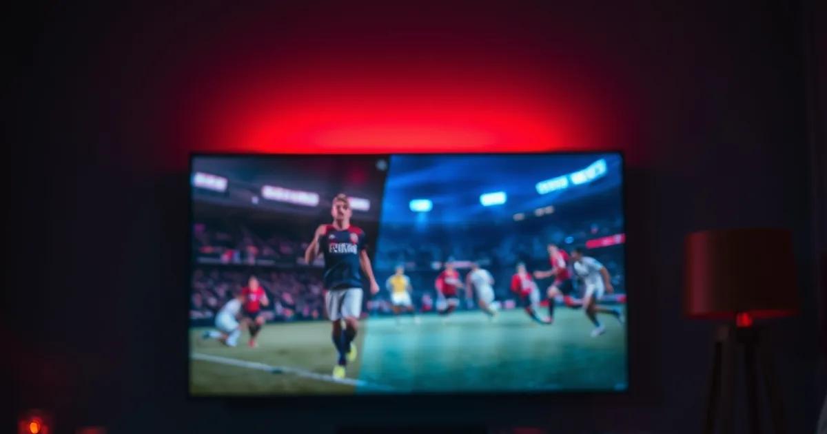 Salon sombre éclairé par un écran de télévision diffusant un match de football, une moitié de l'image nette et l'autre figée par un glitch numérique, ambiance cinématographique bleu et rouge.