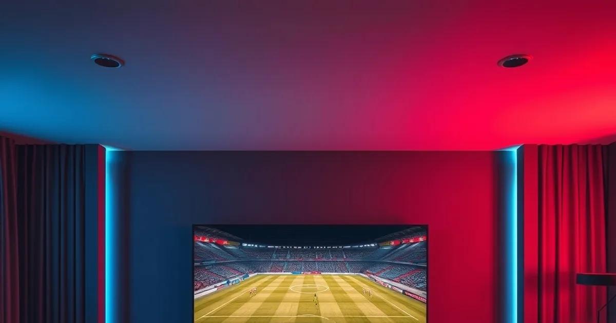 Salon plongé dans le noir, éclairé par un écran de télévision affichant un stade de football dont l'image se brouille et se coupe en pleine diffusion.