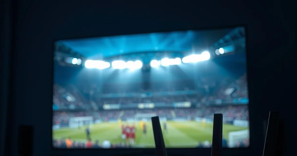 Salon plongé dans la pénombre avec un téléviseur 4K diffusant un match de soirée européenne et un routeur aux voyants allumés au premier plan.