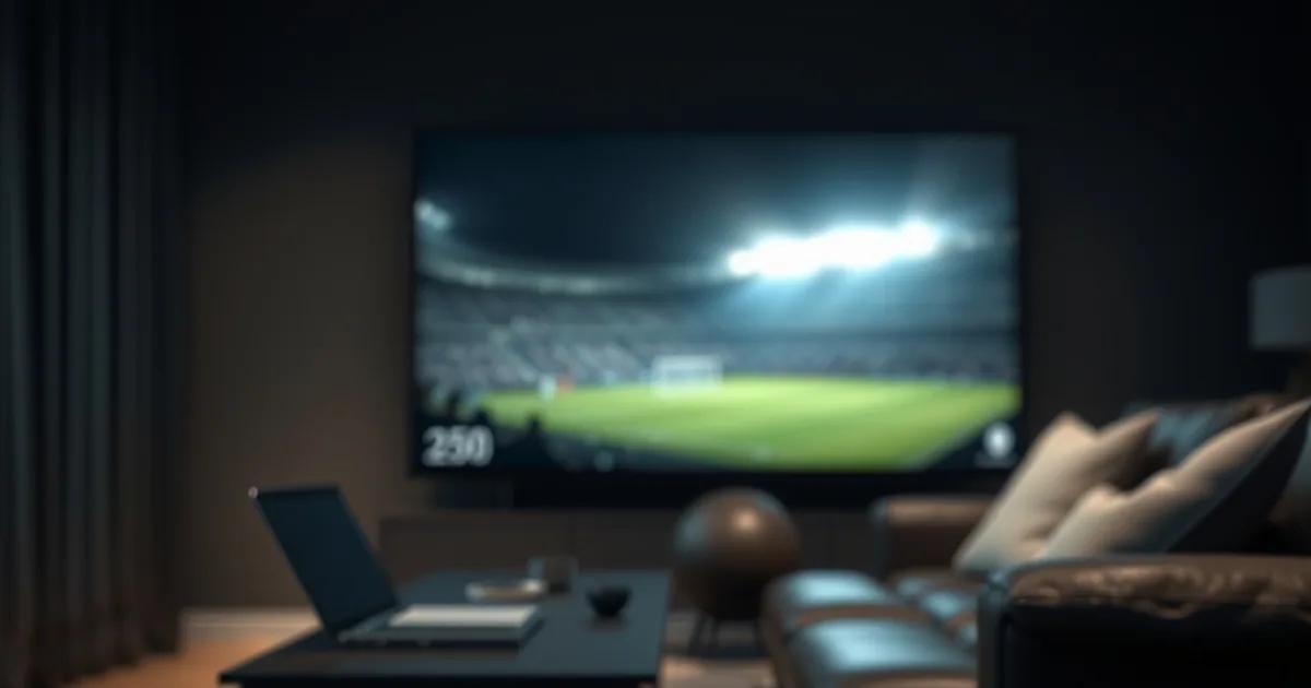 Salon plongé dans la pénombre, éclairé par l'écran d'une télévision diffusant un match en soirée, ambiance premium et cinématographique.