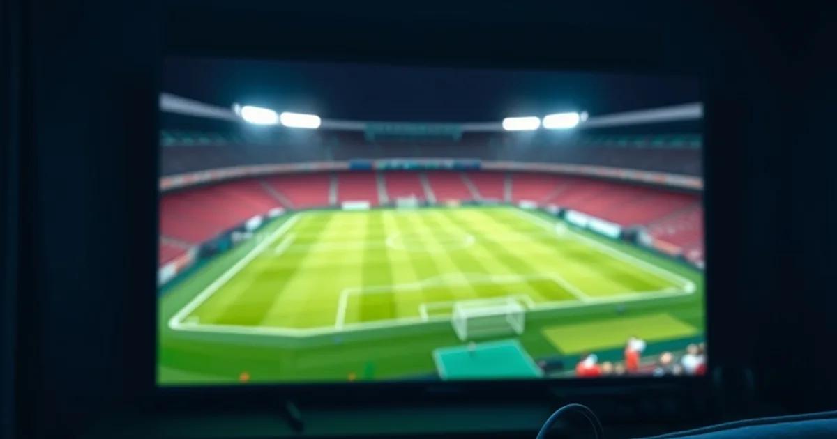 Un Fire TV Stick 4K branché sur une télévision dans un salon sombre, diffusant un stade de football éclairé en pleine nuit