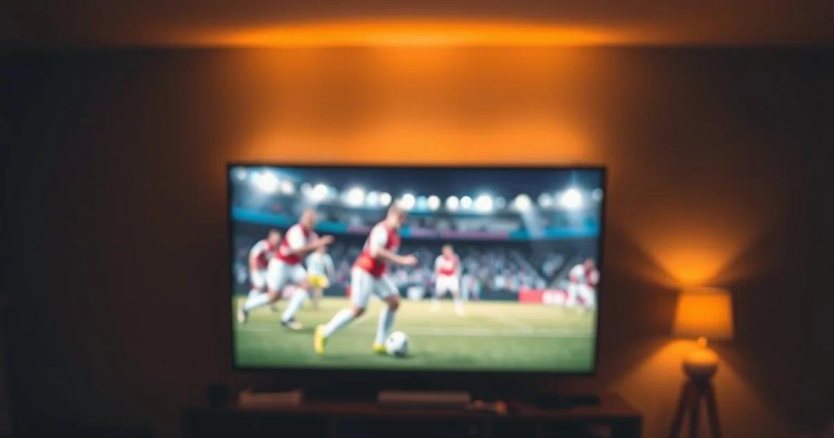 Salon familial la nuit, télévision allumée sur un match, tablette avec écran de verrouillage en arrière-plan