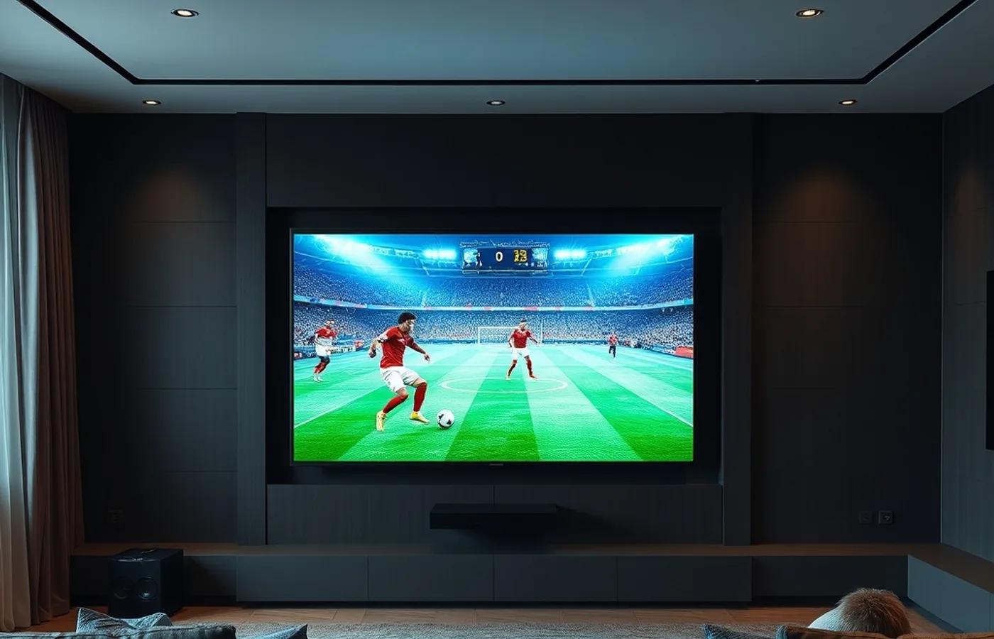 Grand téléviseur diffusant un match de football en direct en 4K dans un salon sombre — codes IPTV activés, sans coupure