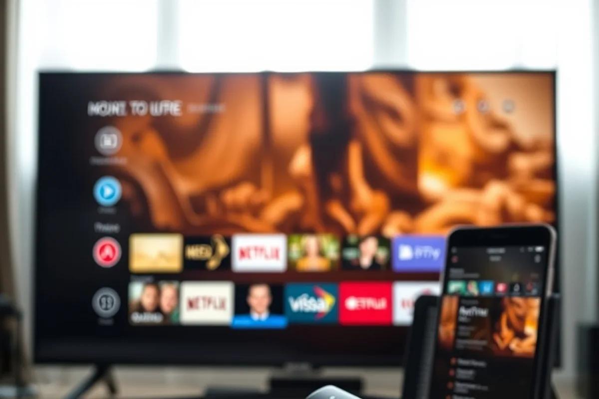 Télécommande Firestick, smartphone et tablette devant une Smart TV allumée — les mêmes codes IPTV sur chaque appareil