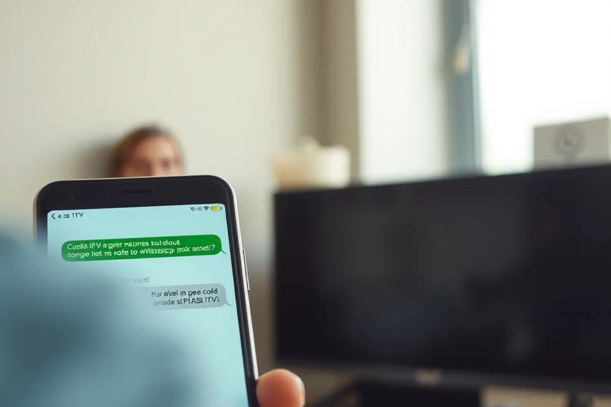 Main tenant un téléphone avec une messagerie ouverte à côté d’une télévision — un code IPTV livré sur WhatsApp en quelques minutes