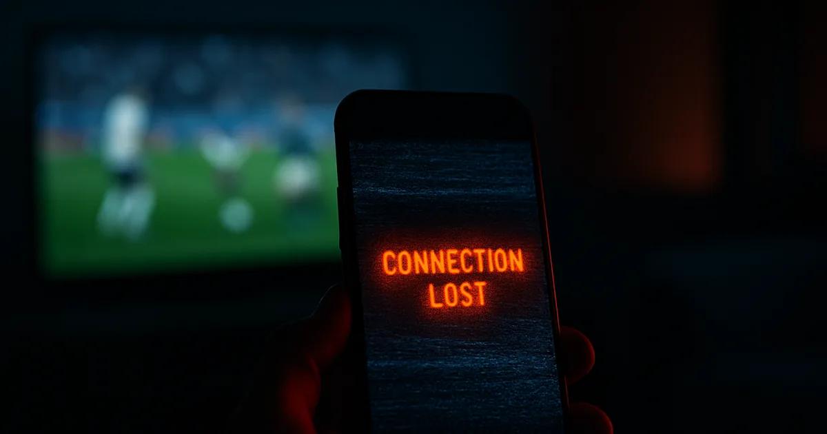 Un flux de streaming de football qui se coupe brutalement sur un smartphone, illustrant le blocage IPTV en temps réel