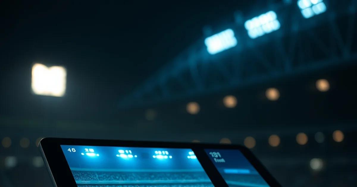 Un iPhone et un iPad posés côte à côte dans une pièce sombre, leurs écrans illuminés par la diffusion d'un match de football en direct, ambiance nocturne et premium