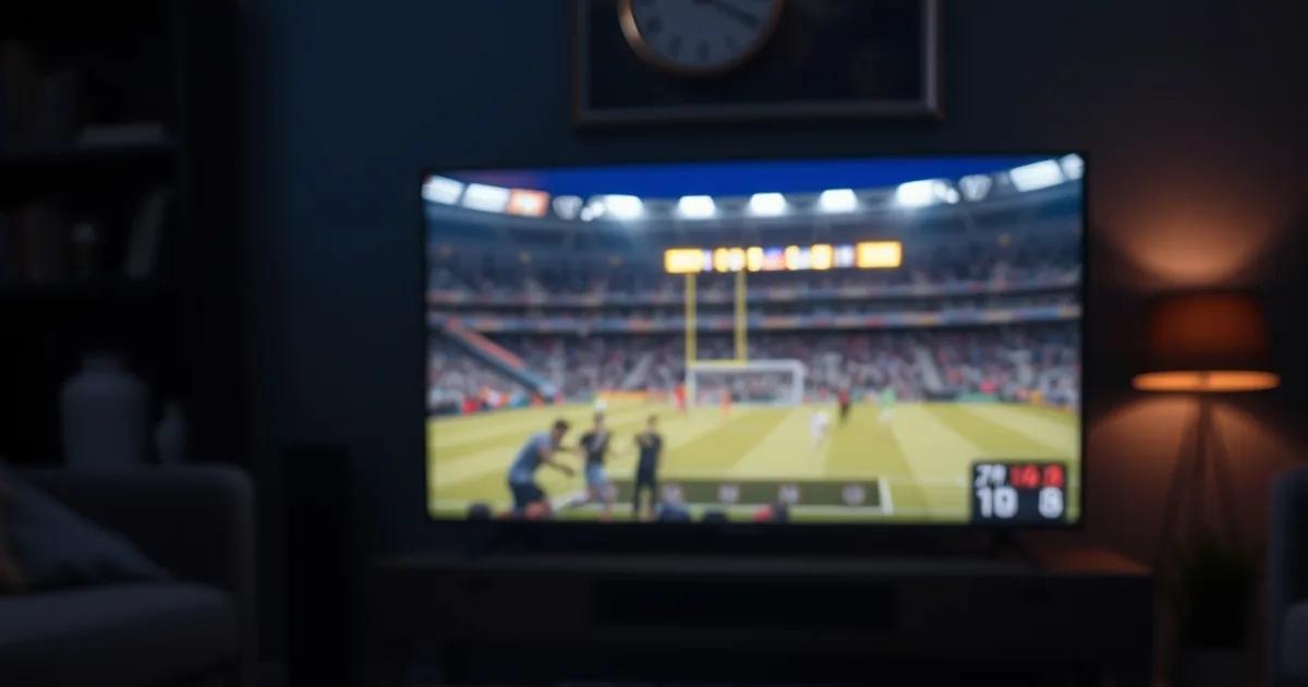 Smartphone et télécommande Fire Stick posés sur une table dans un salon sombre, éclairés par la lueur d'un match de football diffusé sur le téléviseur en arrière-plan.