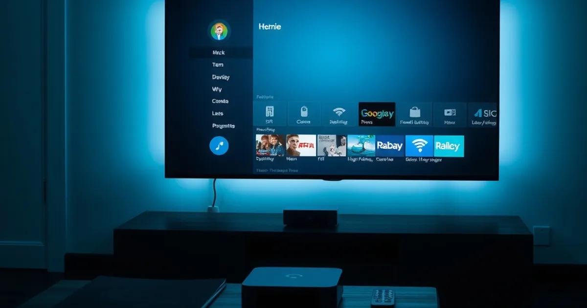 Salon sombre et cinématique avec un téléviseur affichant une interface de guide TV façon Kodi, éclairé d'une lueur bleu-vert premium