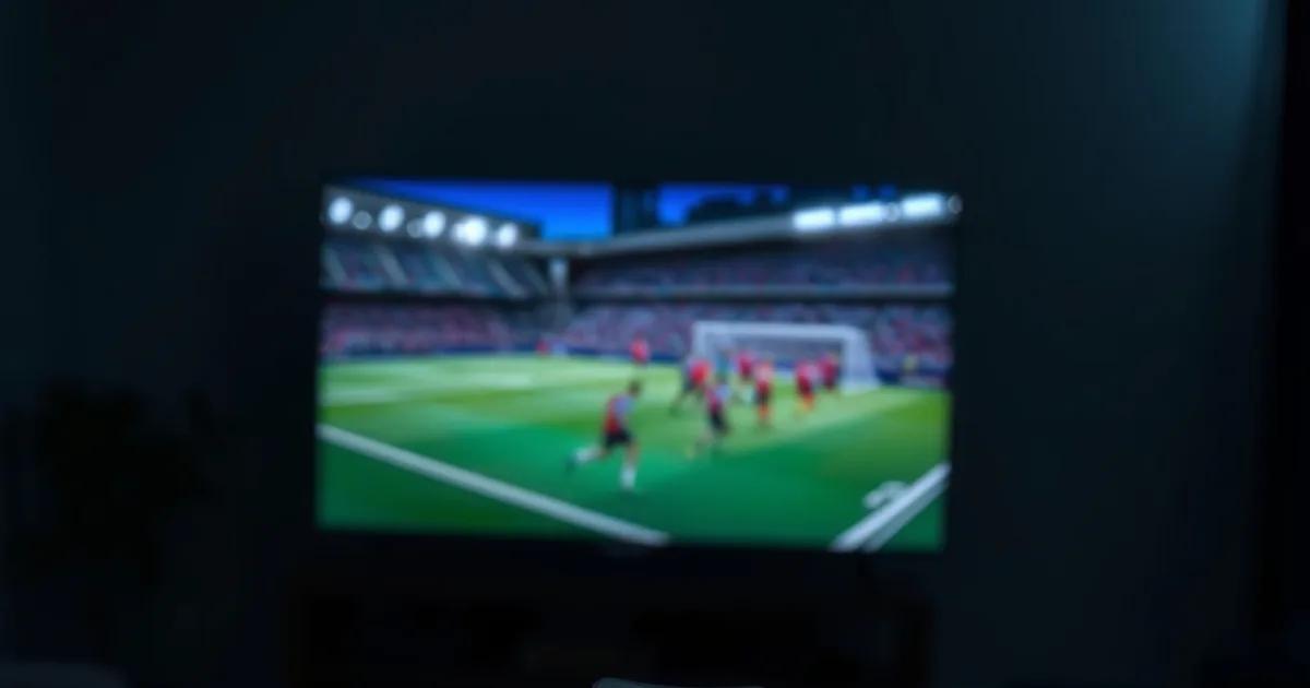 Salon plongé dans la pénombre, éclairé par la lueur d'un match de football en direct sur un écran, télécommande en main, ambiance sombre et technique évoquant le délai du direct