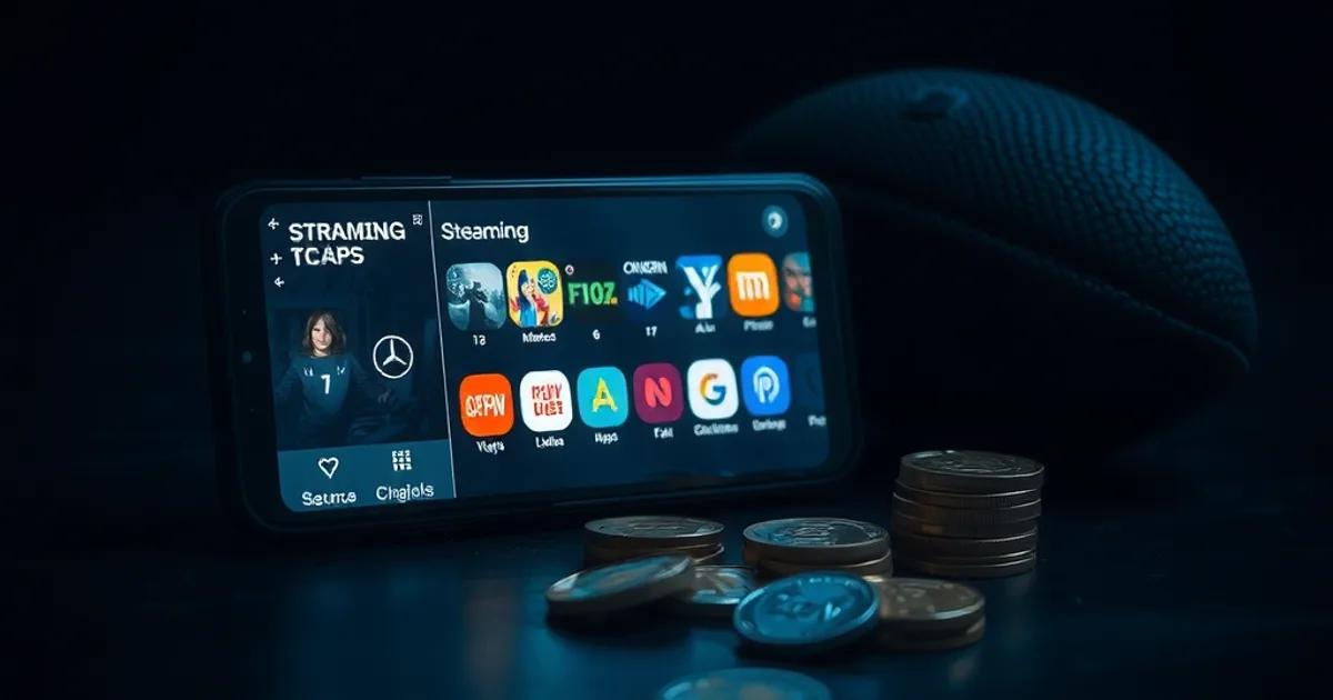 Un smartphone affichant plusieurs applications de streaming, posé à côté d'un ballon de football et de pièces, dans une ambiance sombre et cinématique.