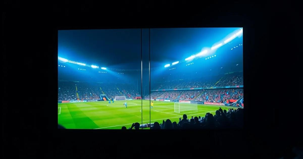 Salon sombre la nuit avec un grand écran de télévision diffusant un stade de football éclairé, entouré d'un smartphone et d'une tablette allumés sur une table basse, ambiance cinématographique bleu-vert