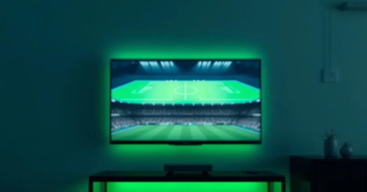 Salon sombre et cinématographique avec une Smart TV murale diffusant la lueur verte d'un terrain de football, télécommande posée sur une console en bois au premier plan.
