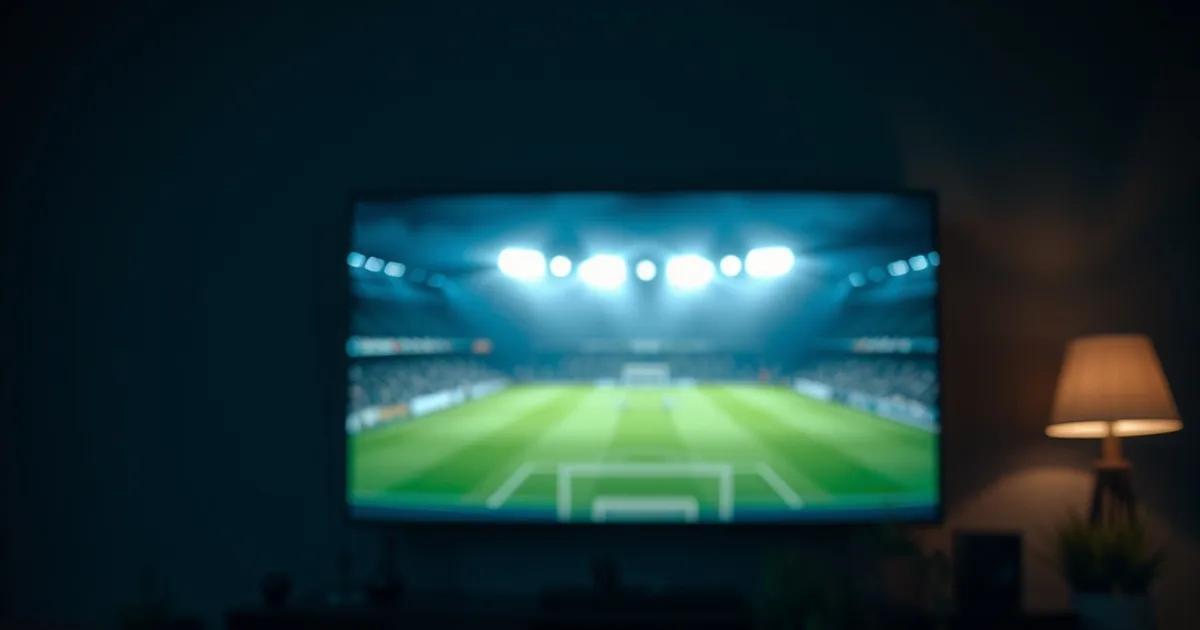 Salon sombre la nuit avec un téléviseur diffusant un match de football et un smartphone affichant un second match, seules sources de lumière de la pièce
