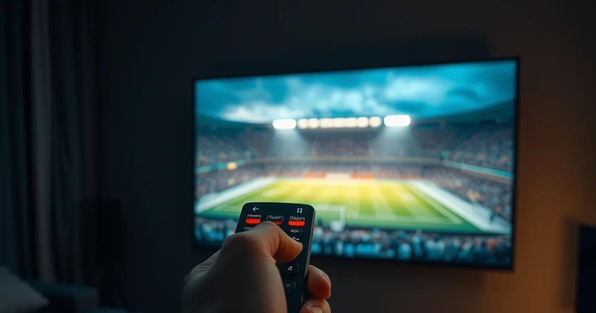 Salon sombre et cinématographique, une main tient une télécommande devant un grand téléviseur affichant un stade de football illuminé la nuit.