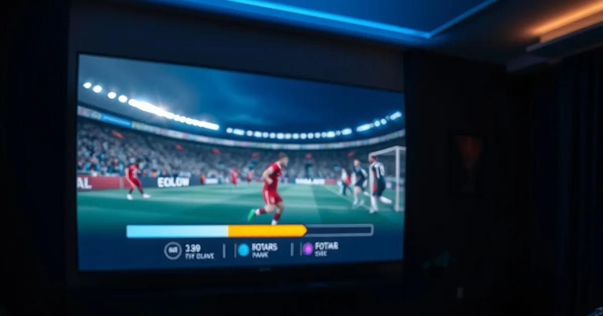 Salon sombre et cinématographique avec un écran de télévision affichant une frise de lecture replay et une clé Fire TV Stick branchée, ambiance premium bleu et ambre
