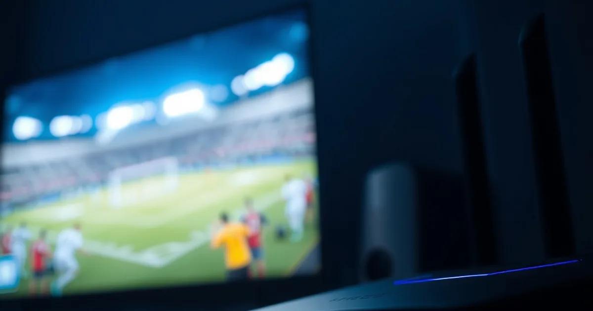 Routeur domestique aux LED allumées dans une pièce sombre, câbles Ethernet branchés, avec en arrière-plan flou la lueur d'un match de football diffusé en direct