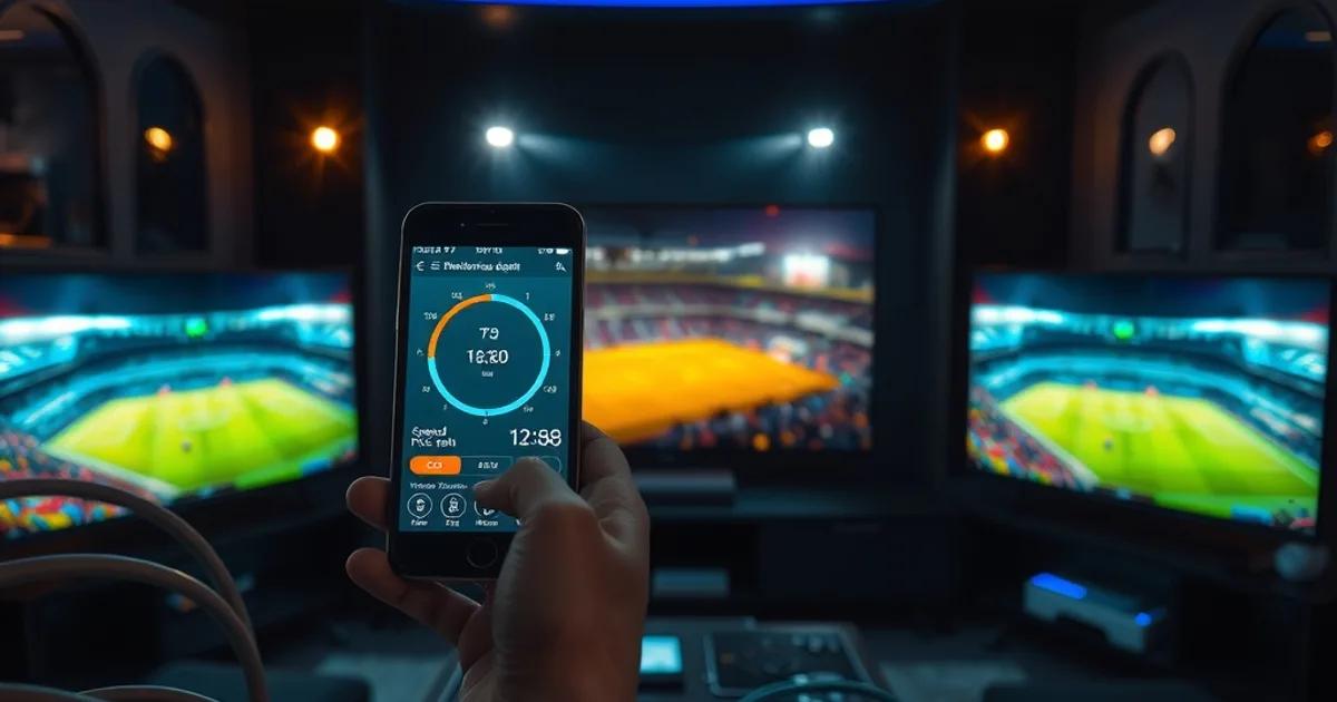 Salle de home cinéma sombre avec plusieurs écrans diffusant un match de football et un smartphone affichant un test de débit réseau