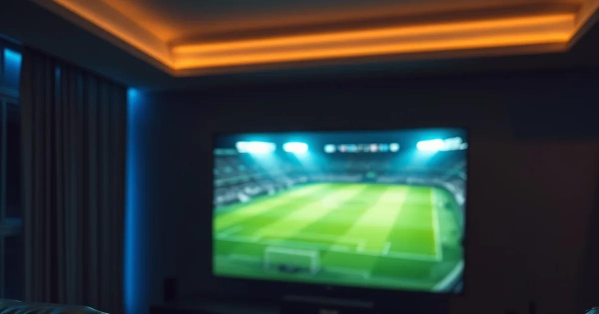 Salon sombre et cinématographique, téléviseur diffusant un match de football en soirée, ambiance premium.
