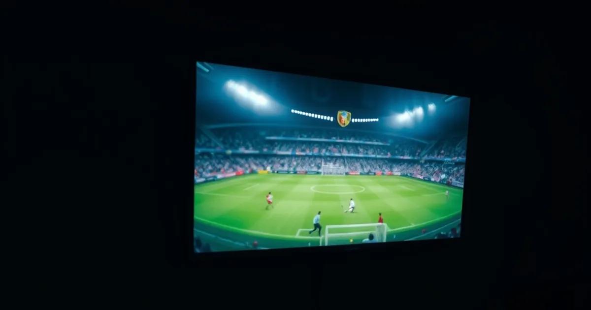 Câble Ethernet discret passant le long d'un mur sombre, relié à un boîtier près d'une TV diffusant un match de football en direct