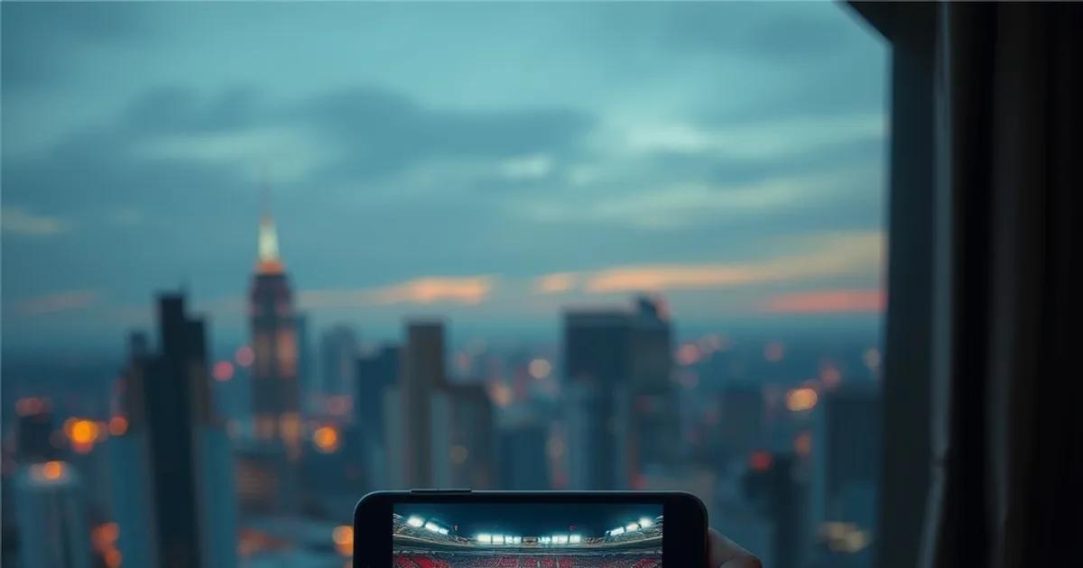 Un voyageur regarde un match de football en streaming sur son smartphone depuis le balcon d'un hôtel à l'étranger, au crépuscule