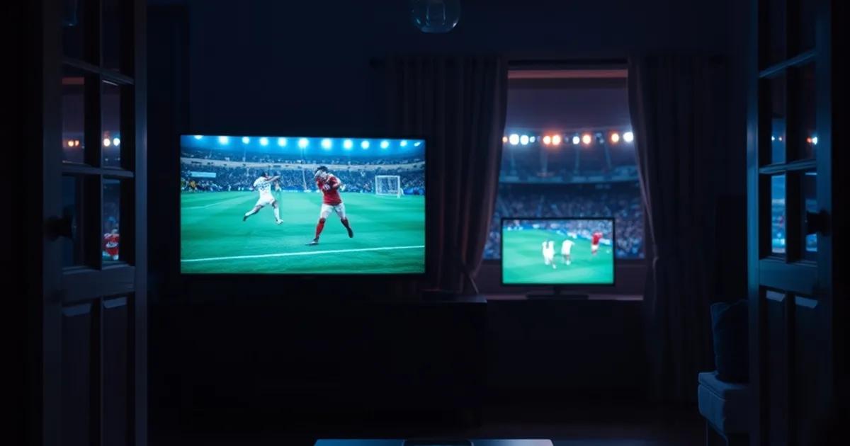 Salon plongé dans la pénombre avec deux téléviseurs allumés dans des pièces séparées diffusant chacun un match de football en direct, et un smartphone allumé sur une table basse au premier plan.