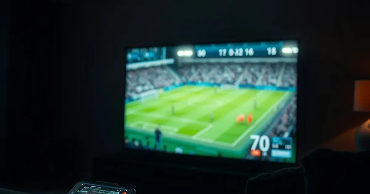 Salon plongé dans la pénombre avec une télévision diffusant un match de football et un smartphone allumé à côté, ambiance streaming nocturne