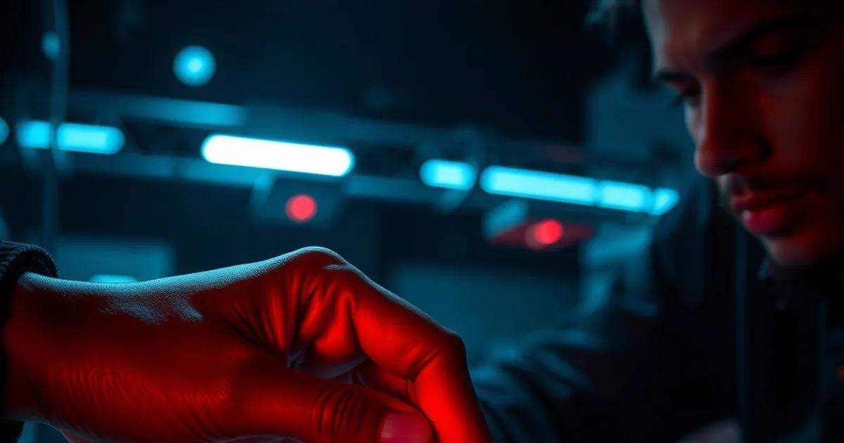 Main hésitant au-dessus d'un clavier d'ordinateur portable la nuit, une carte bancaire posée à côté, lumière rouge d'alerte se reflétant sur l'écran