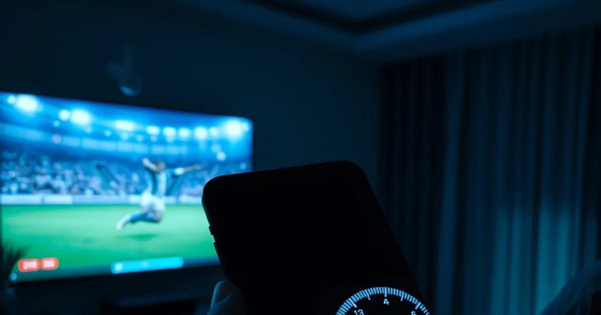 Salon plongé dans la pénombre avec un écran de télévision affichant un match de football en cours de mise en mémoire tampon, et un smartphone au premier plan montrant un test de vitesse internet.