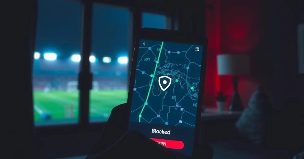 Smartphone affichant une connexion VPN bloquée dans un salon sombre, avec les lumières d'un stade de football visibles en arrière-plan