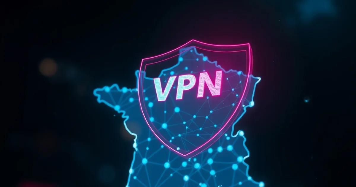 Illustration sombre et cinématique d'un bouclier VPN lumineux au-dessus d'un réseau de points lumineux s'éteignant sur une carte stylisée de la France, ambiance nocturne bleutée.